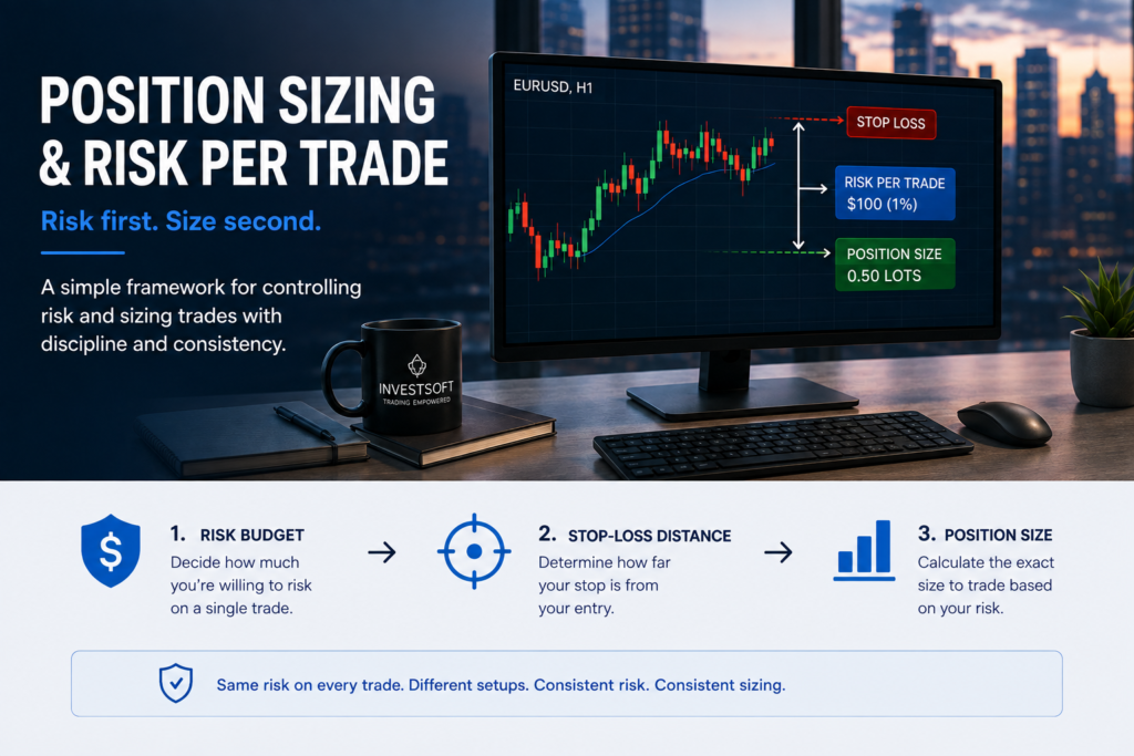 Position sizing and risk per trade illustrated with an EURUSD trading setup showing stop loss, 0 risk per trade and a 0.50-lot position.