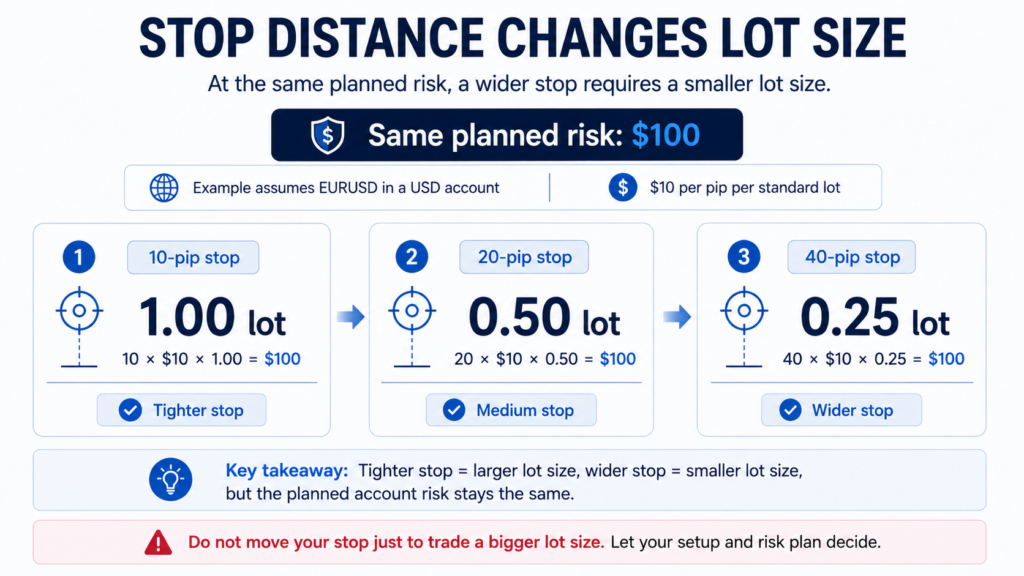 EURUSD comparison showing that at the same 0 planned risk, a 10-pip stop gives 1.00 lot, a 20-pip stop gives 0.50 lot, and a 40-pip stop gives 0.25 lot.