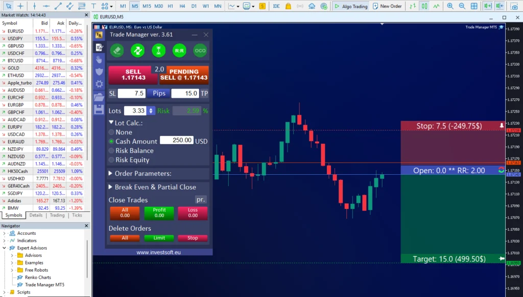 calculating position size in MT5 and MT4 based on fixed cash risk and stop loss using Trade Manager