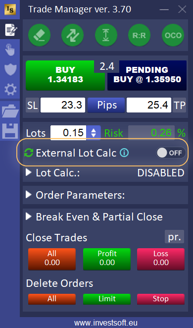 InvestSoft Trade Manager MT4 and MT5 panel with the External Lot Calc function highlighted for automatic lot size calculation on external trades.