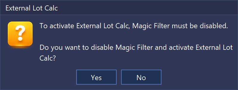 InvestSoft Trade Manager MT4 and MT5 message box explaining that the Magic Number filter must be disabled before External Lot Calc can be activated.