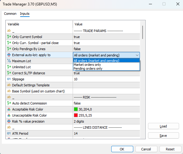 InvestSoft Trade Manager MT4 and MT5 settings window showing the External Auto LOT apply to option for all trades, market orders, or pending orders.