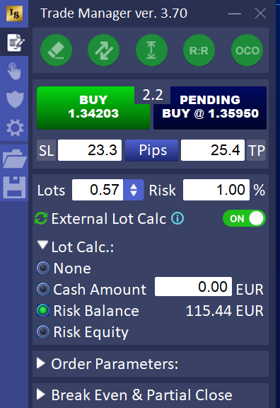 InvestSoft Trade Manager MT4 and MT5 panel showing risk settings, automatic lot size calculation, and active External Lot Calc function for external trades.