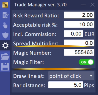 InvestSoft Trade Manager MT4 and MT5 Configuration tab showing the Magic Number field and Magic Filter switch for trade filtering.