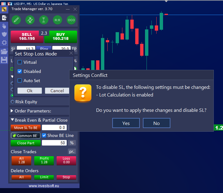 InvestSoft Trade Manager MT4 and MT5 warning message showing a settings conflict and asking whether to apply the required changes to disable Stop Loss.