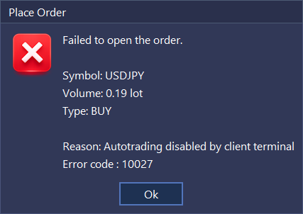 InvestSoft Trade Manager MT4 and MT5 message box showing detailed information about why a new trade cannot be opened.