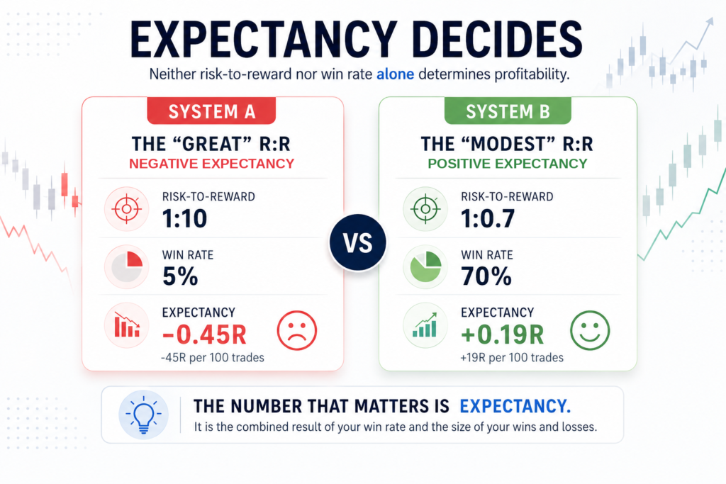 Comparison graphic: a 1:10 risk-reward system with a 5% win rate producing −0.45R per trade, versus a 1:0.7 system with a 70% win rate producing +0.19R per trade — showing expectancy, not the ratio, determines profitability.