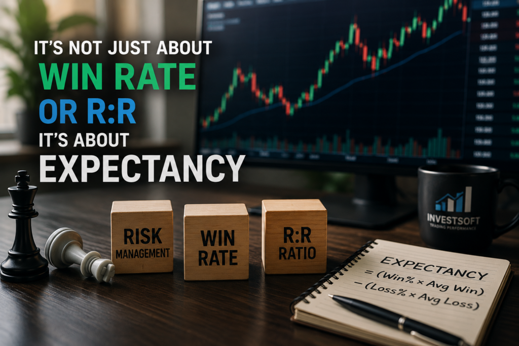Trading workspace illustrating the relationship between win rate, risk-to-reward ratio and expectancy, with a trading chart and expectancy formula.