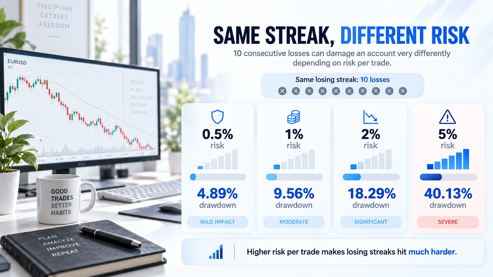 Ten consecutive losses produce different drawdowns at 0.5%, 1%, 2% and 5% risk per trade