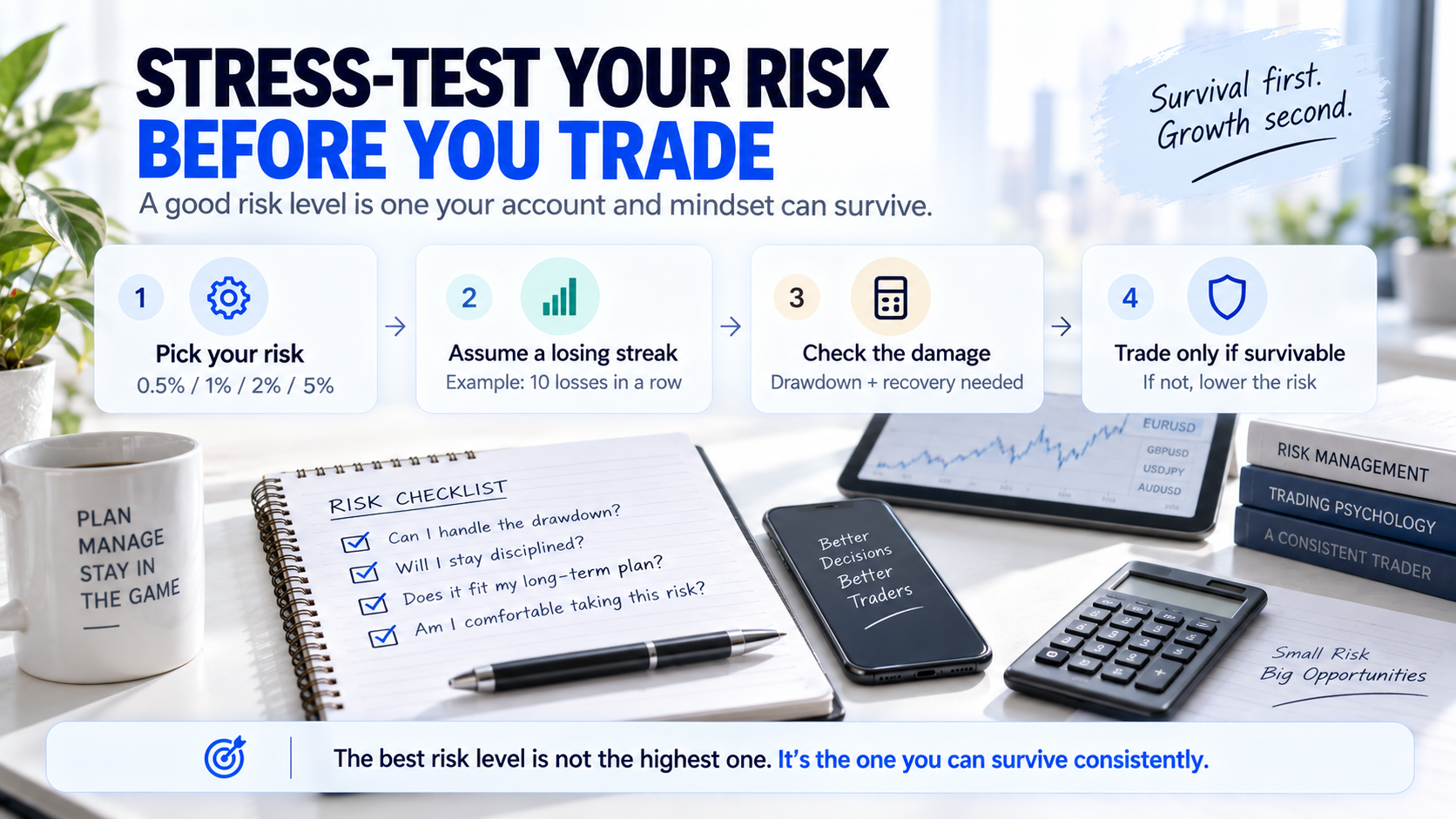 Four-step trading risk stress test covering risk per trade, losing streak, drawdown and account survivability