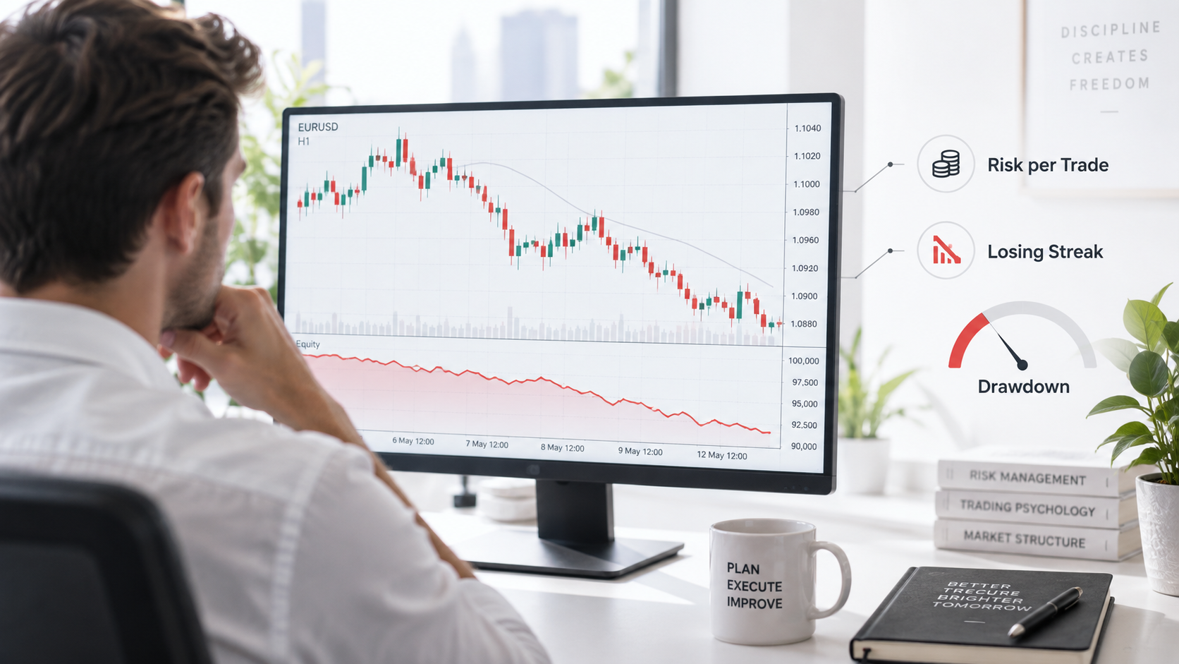 Trader analyzing drawdown, losing streaks and risk per trade on trading charts