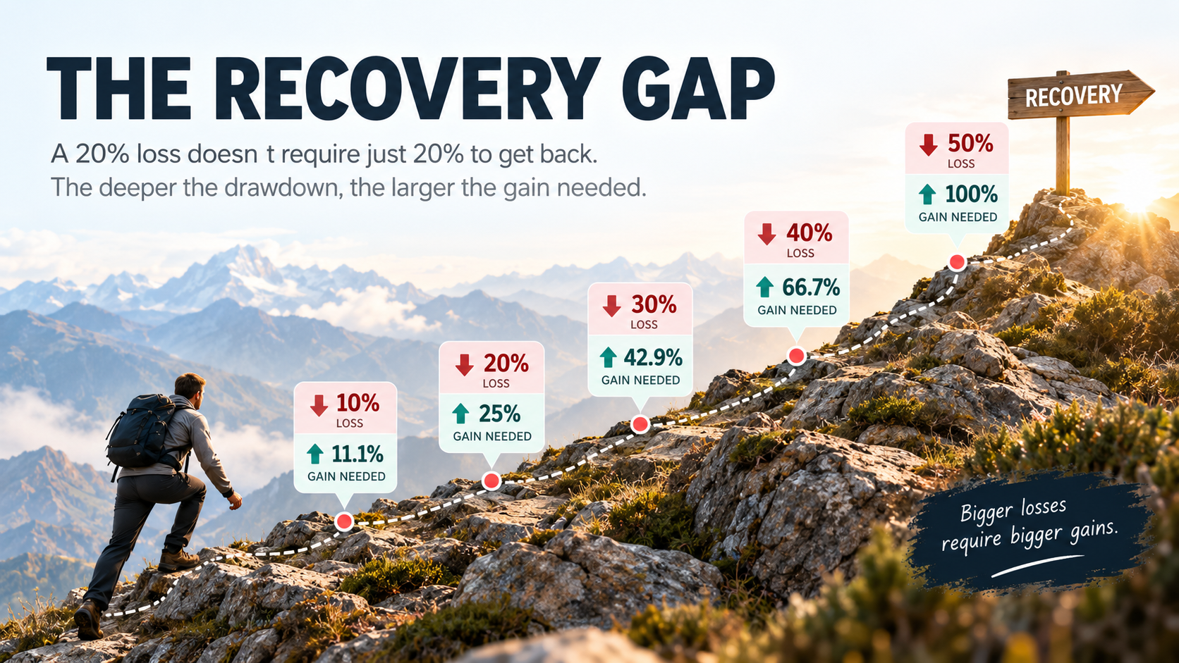 Trading drawdown recovery gap showing that deeper losses require increasingly larger percentage gains to recover