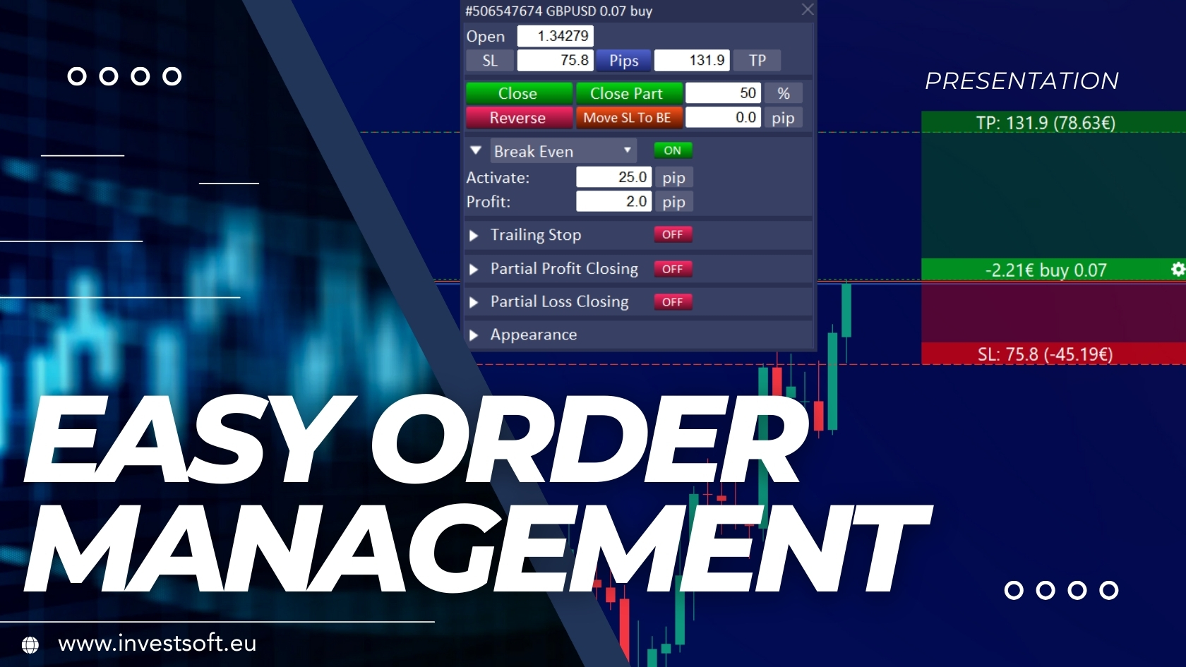 Trade Manager MT4/MT5 easy order management panel with on-chart SL/TP lines and trade info