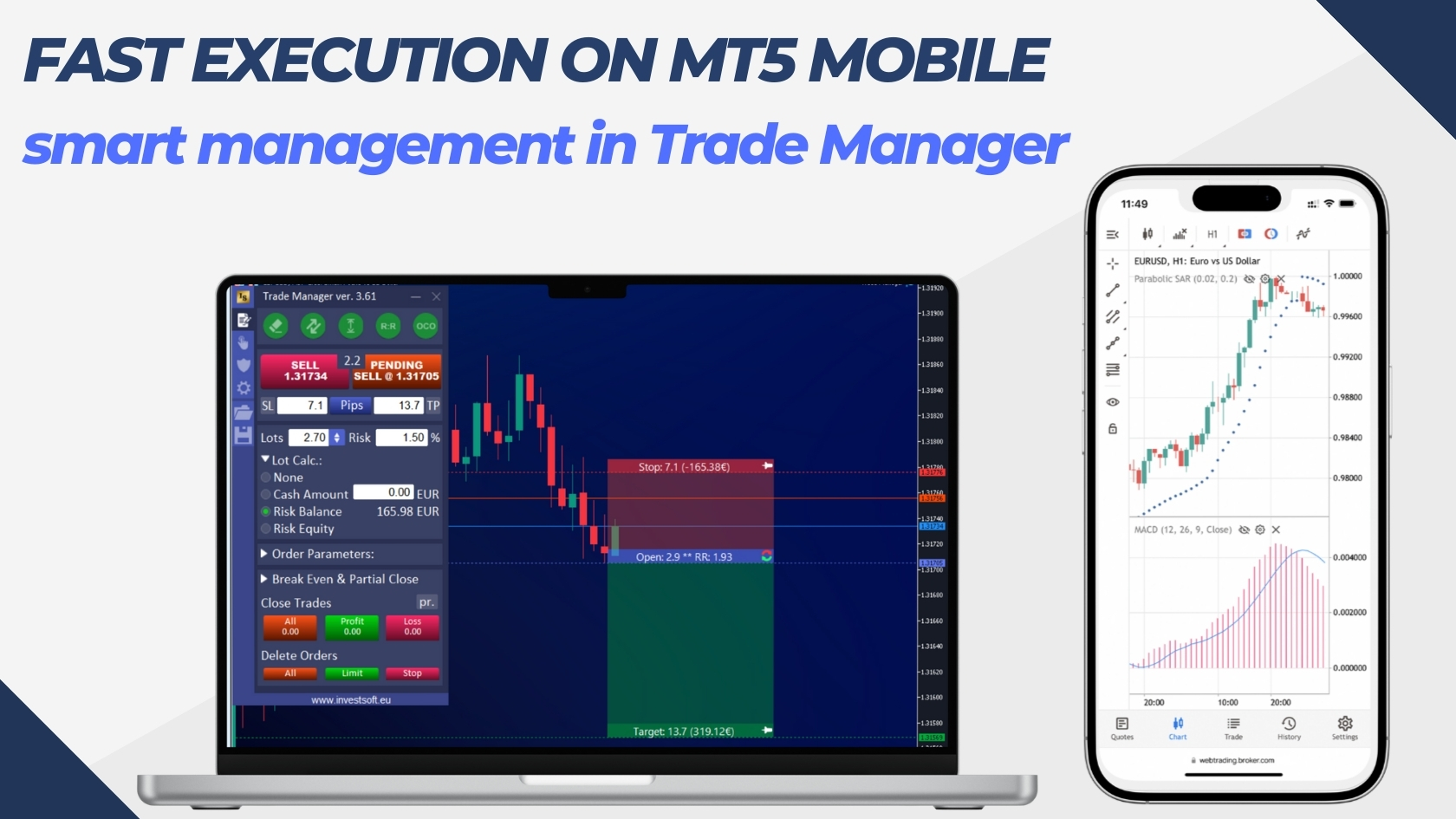 Trade Manager MT4/MT5 managing trades opened from the MT5 mobile app with automatic SL/TP, break even and trailing stop